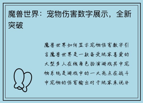 魔兽世界：宠物伤害数字展示，全新突破