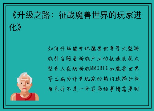《升级之路：征战魔兽世界的玩家进化》
